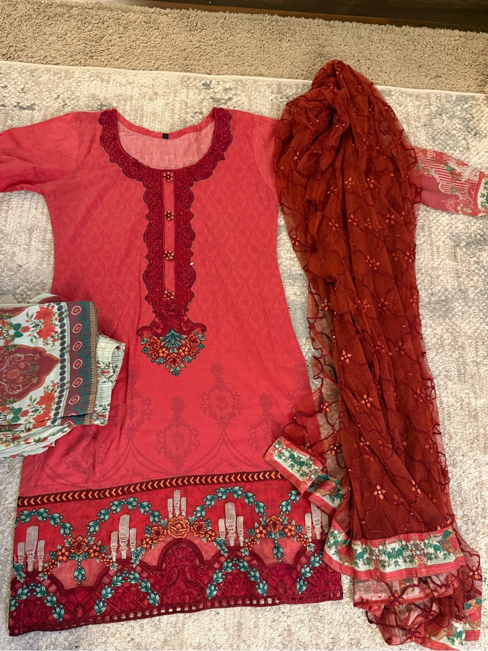 Pink & Red Embroidered Salwar Kameez Set